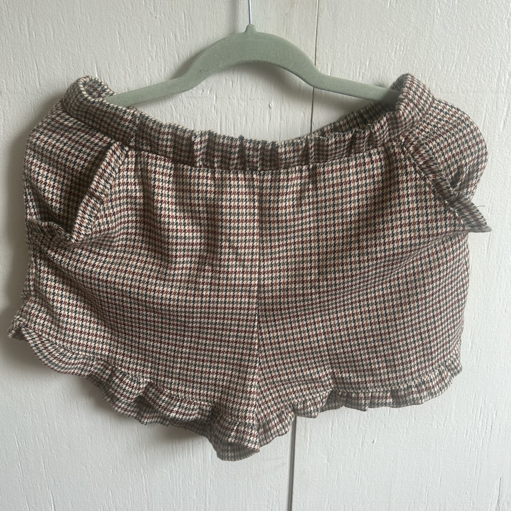 Brown and White High Waist Gingham Shorts with Ruffles